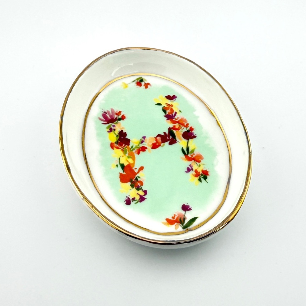 Anthropologie Floral Monogram Trinket Dish - Mint and Gold